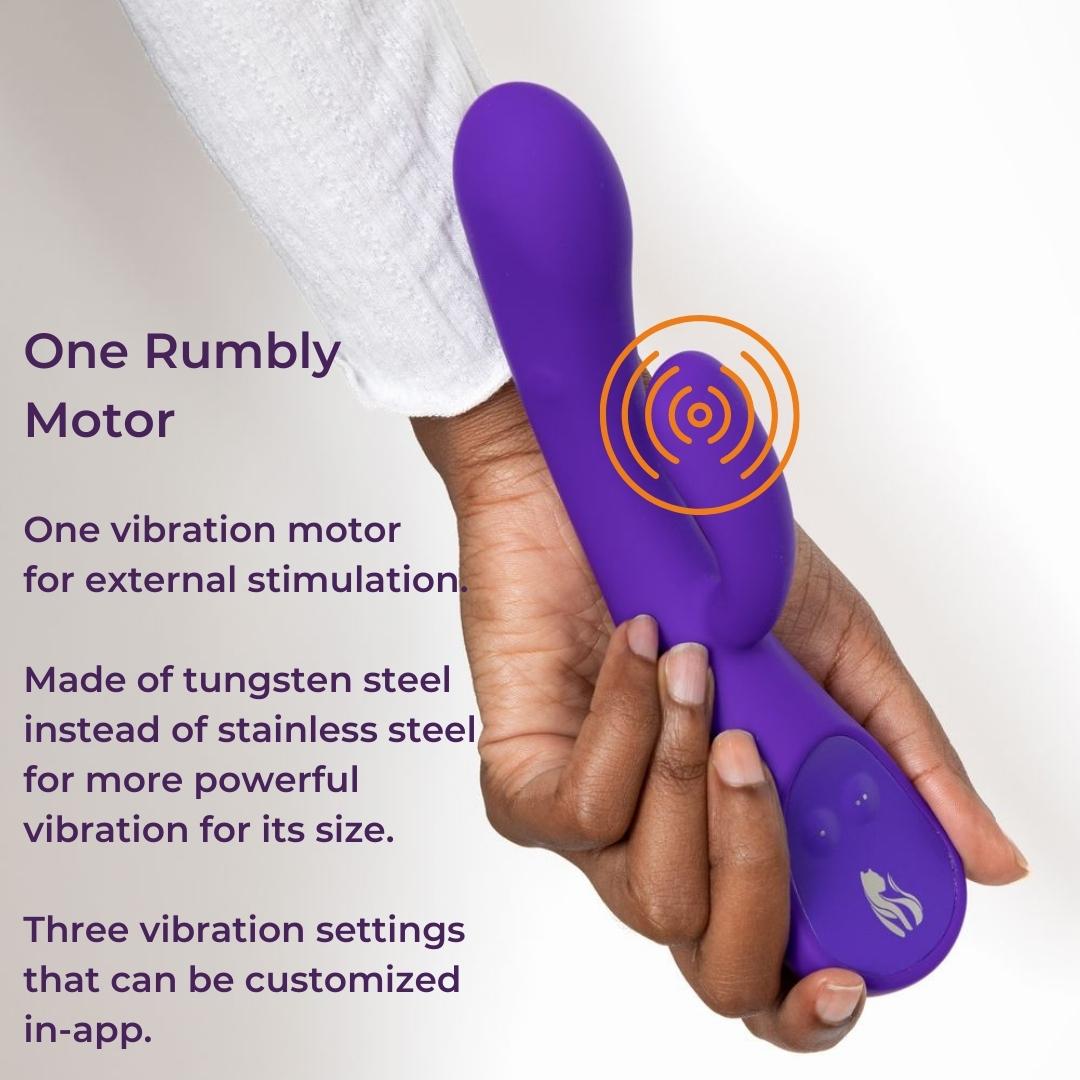 Holding Purple Lioness Vibrator with one motor symbol in front of external nub